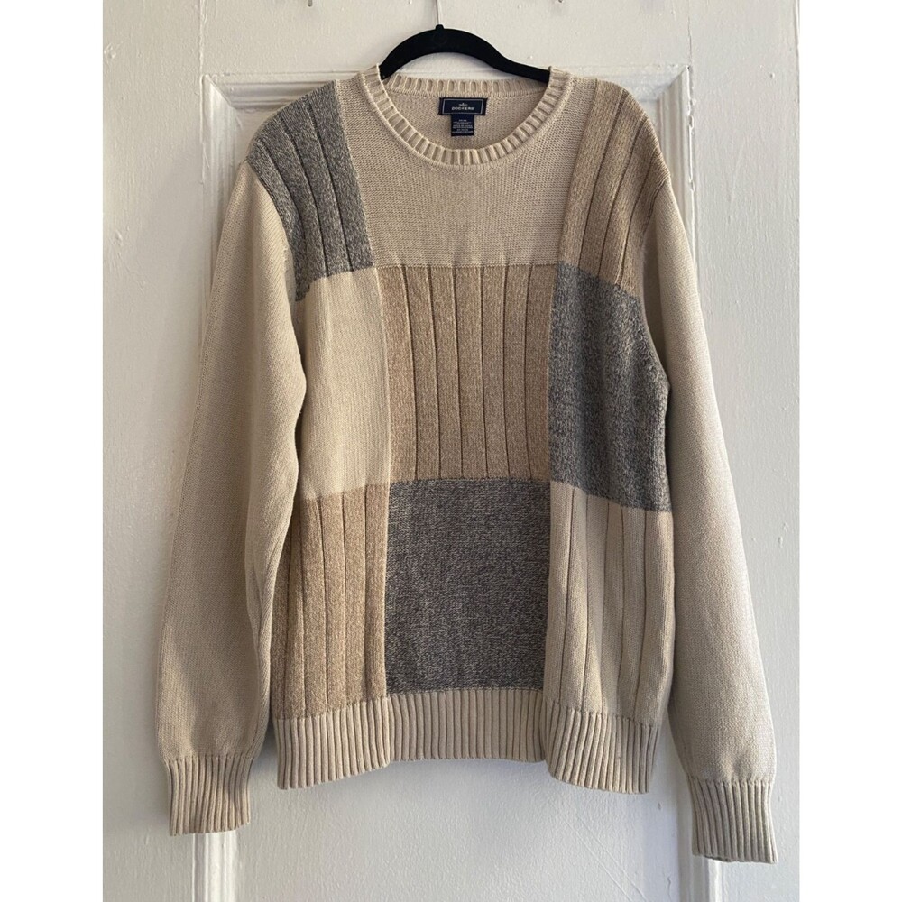 Color Block 100% Cotton Patchwork Dockers Neutral Sweater Crewneck Beige MEDIUM